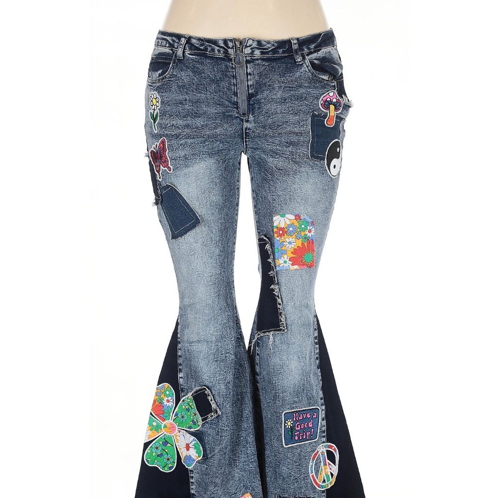 Current Mood Blue Flare Jeans with Eclectic Patchwork